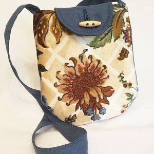 Purse Handbag Pouch Messenger Vintage Upholstery Velvet Blue Floral Crossbody